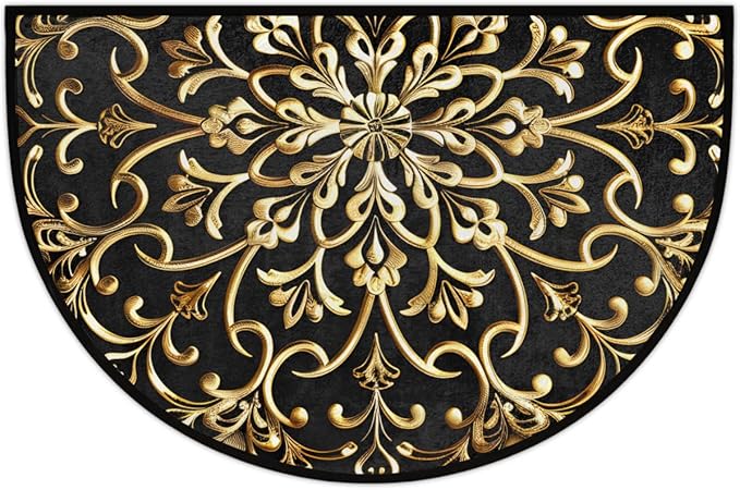 Half Round Door Mat Mandala Gold Ethnic Half Moon Rug Mandala Flower Washable Half Circle Area Rugs Indoor Entrance Non Slip Semi Circle Bathroom Rugs Floor Carpet for Kithen Bedroom Fireplace Decor