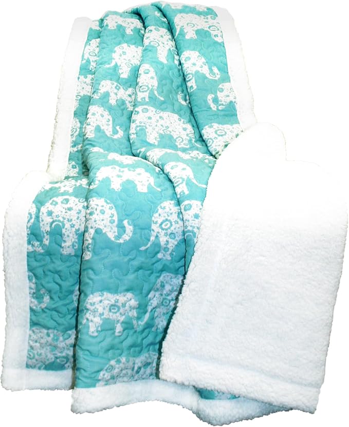 Lush Decor Elephant Parade Sherpa Throw Blanket 50" W x 60" L, Aqua - Elephant Blanket for Kids - Plush Throw Blankets for Bed - Blue Couch Blankets