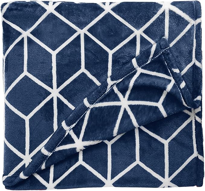 Elegant Comfort Luxury Velvety Feel Blanket, All-Season Lightweight Blanket, Ultra Plush, Soft, Cozy-Fuzzy Flannel Fleece for Couch, Sofa, Bed, Travel, Cube Design, Twin/Twin XL, Navy