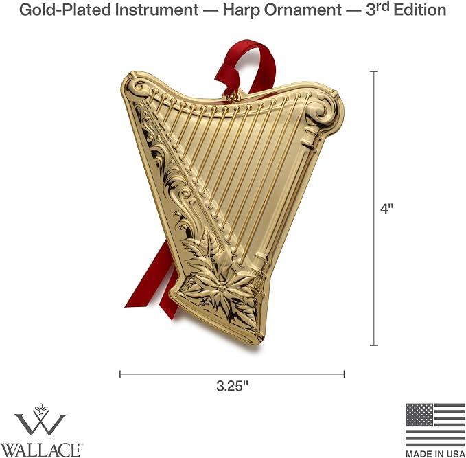Wallace Gold-Plated Harp Instrument Ornament 3rd Edition - Annual Collectible Holiday Tree Decoration, Handcrafted in USA, Comes in Gift Box with Velvet Pouch and Ribbon