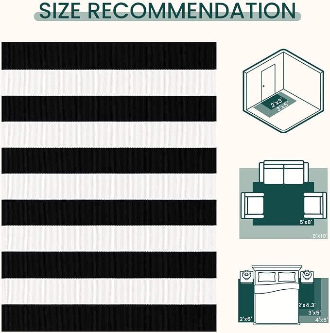 KOZYFLY Black White Rug 5x7 Area Rug Woven Washable Striped Rugs Cotton Farmhouse Indoor Outdoor Rugs for Living Room Bedroom Entryway Porch Patio