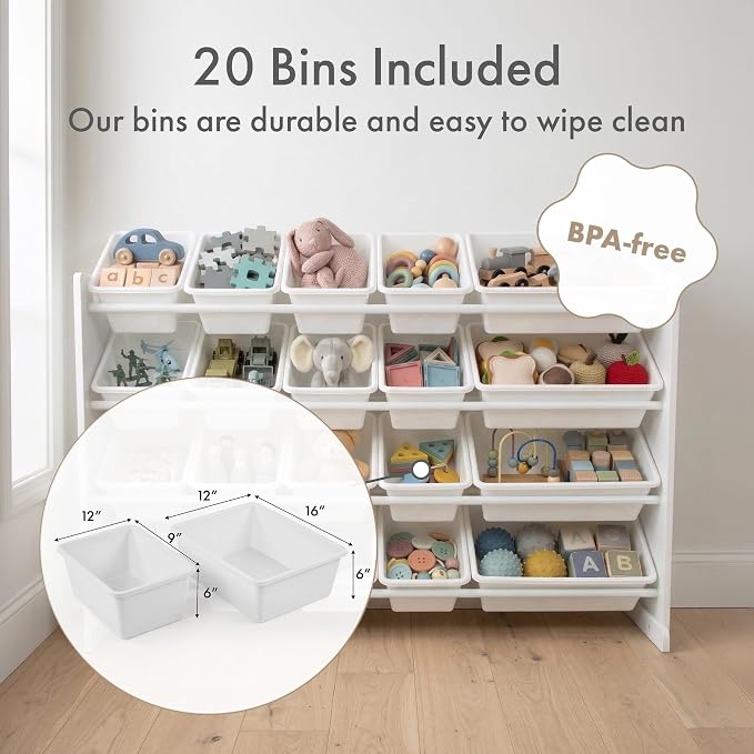 Humble Crew Kids Toy Organizer with 20 Bins, 4 Tier Storage for Playroom | Sturdy wood and steel toddler shelf, removable BPA-free containers, wall anchor anti-tip safety kit for bedroom or classroom