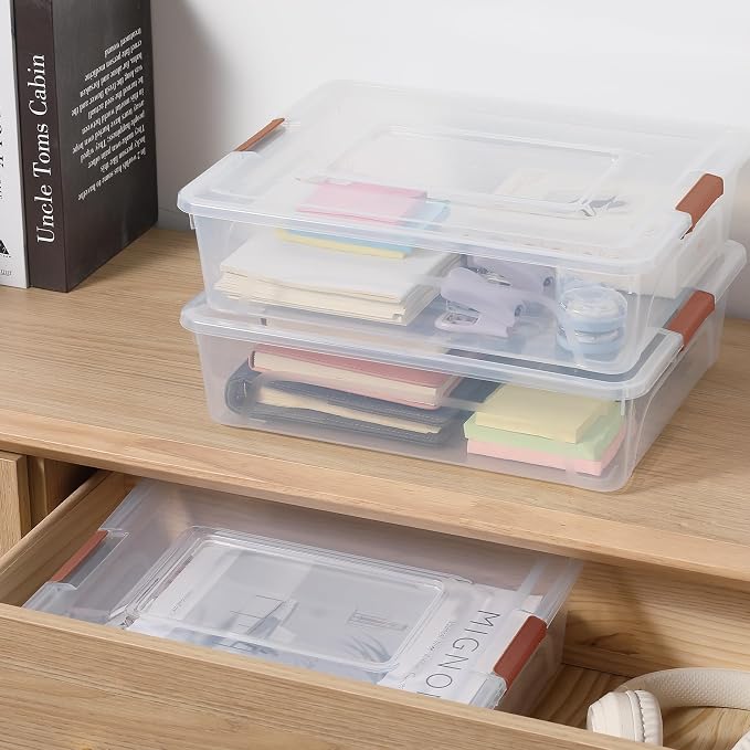 novelinks 10 Quart Clear Plastic Storage Containers with Lids (4 Pack) | Storage Bins with Lids, Stackable Small Clear Bins, Craft Storage Box, Paper Storage, Under Bed Storage Bins, Pencil Box