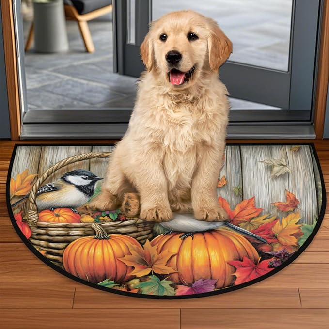 Pumpkin Bird Wood Maple Leaf Half Round Door Mat Non-Slip Soft Doormats for Home Indoor Outdoor Entrance Bath Carpet Area Rugs for Home Dining Living Room Bedroom 36" X 24"