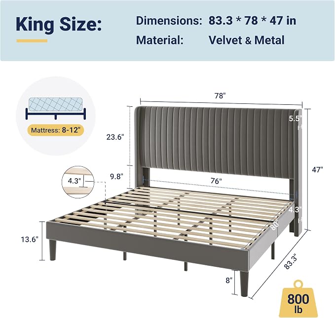 Allewie King Size Velvet Bed Frame/Vertical Channel Tufted Wingback Headboard/Upholstered Platform Bed/No Box Spring Needed/Strong Wooden Slats/Easy Assembly/Grey