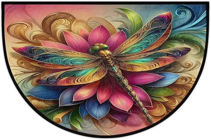 Dragonfly Half Round Rug Half Moon Door Mat Half Circle Rugs | Rainbow Art Washable Non-Slip Semi Circle Rug Welcome Half Round Door Mat Indoor Entrance Kitchen Bedroom Living Room Decor