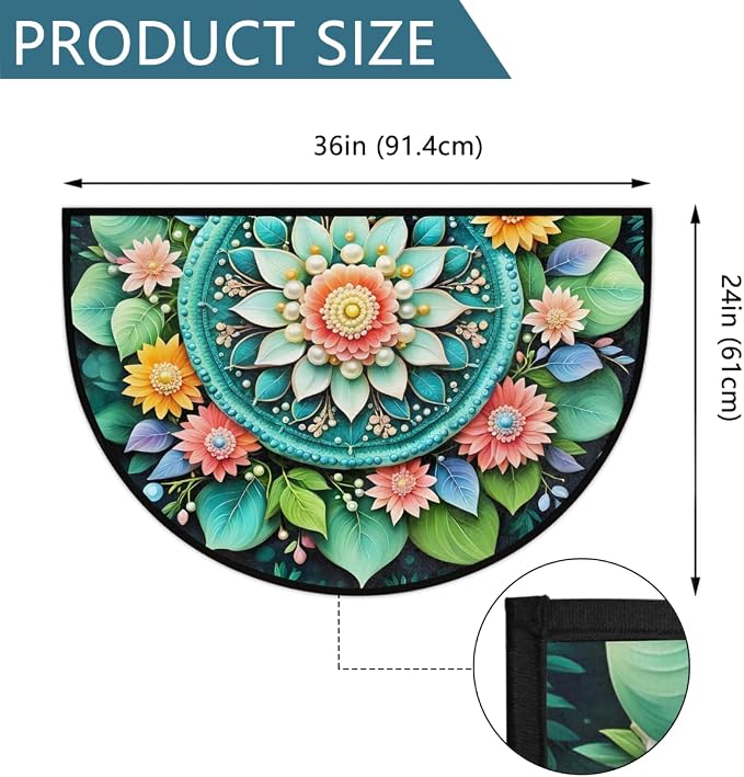 Ethnic Mandala Half Round Rug Half Moon Door Mat Half Circle Rugs | Flowers Green Washable Non-Slip Semi Circle Rug Welcome Half Round Door Mat Indoor Entrance Kitchen Bedroom Living Room Decor