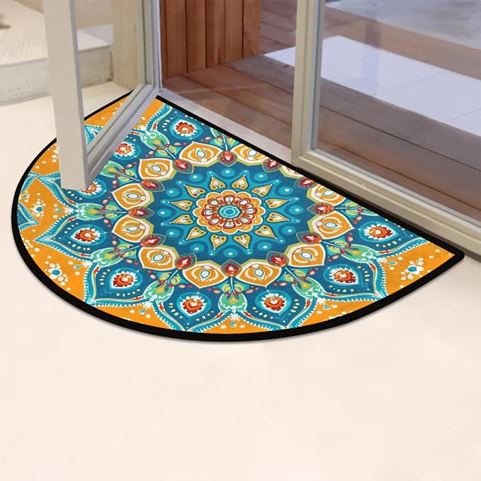 cfpolar Half Round Door Mat Semi Circle Non-Slip Bathroom Floor Rug, Ethnic Mandala Outdoor Welcome Entrance Way Mat Indoor Absorbent Kitchen Mat for Bedroom,Patio,Garage,Home 36" x 24"