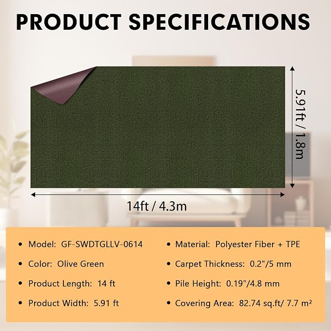 Grefinity Marine Carpet,6 FT x 14 FT Olive Green Indoor Outdoor Carpet 0.2" Thick Boat Rug with Water-Proof TPE Backing for Home, Patio, Porch, Deck