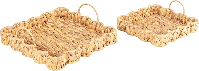 Household Essentials Woven Water Hyacinth Scalloped Square Trays, Set of 2, Natural