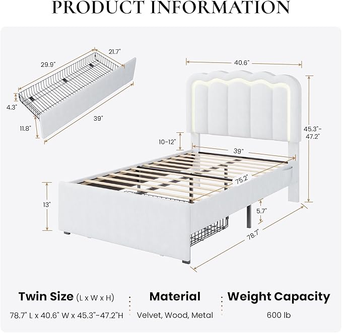 SHA CERLIN Twin Size Bed Frame with LED Lights and Storage Drawer, White | Upholstered Velvet Platform Bed with Adjuatable Wavy Headboard, Noise-Free, Easy Assembly,No Box Spring Needed