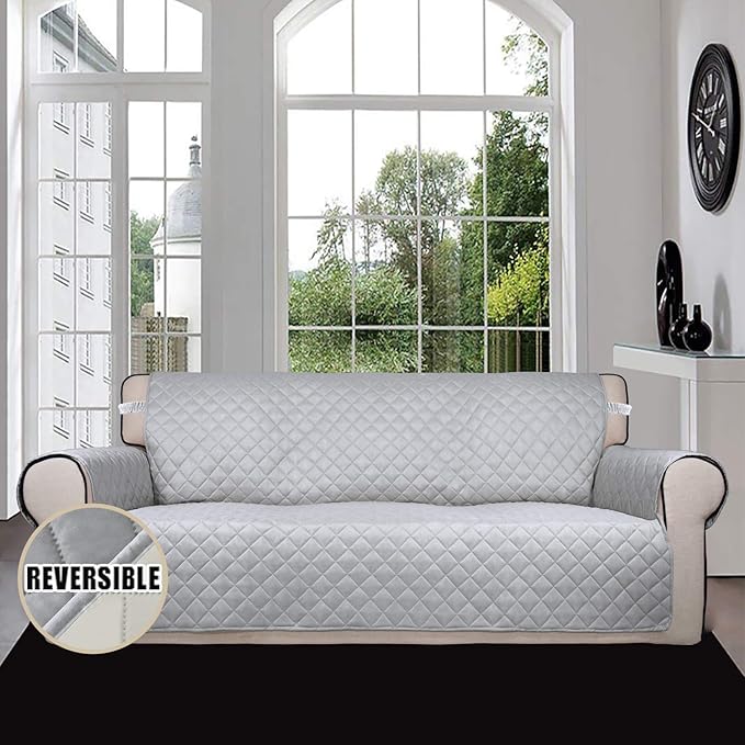 Easy-Going Reversible Couch Cover for 3 Cushion Couch Sofa Cover for Dogs Water Resistant Furniture Protector Cover with Foam Sticks Elastic Straps for Pet Cat (Sofa, Light Gray/Ivory)