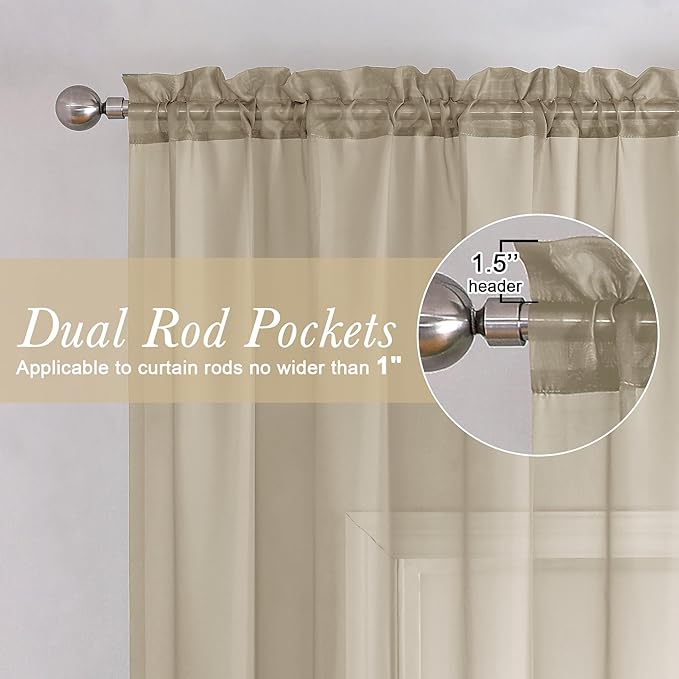 Lecloud Taupe Sheer Curtains 90 Inches Long 2 Panels, Elegant Light Filtering - Image 2