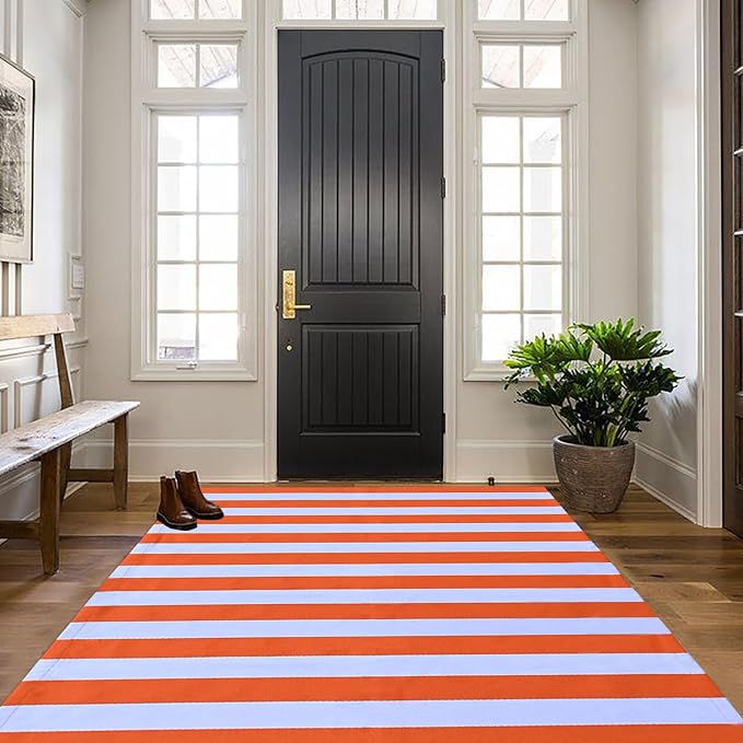 Bottalive Fall Decor Orange Striped Rug, 4' x 6' Cotton Reversible Foldable Washable Area Rug, Layering Rug for Hello/Welcome Door Mat, Washable Cotton Woven Farmhouse Mat for Front Porch