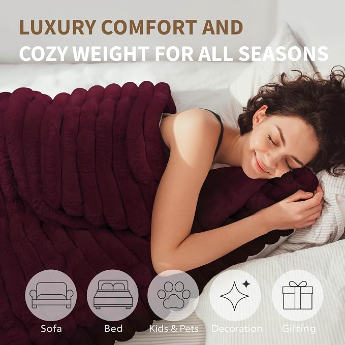 DEZ FURNISHINGS Luxury Reversible Textured Stripe Faux Fur & Velvet Throw Blanket, Throw XL (50" x 70"), Burgundy Red