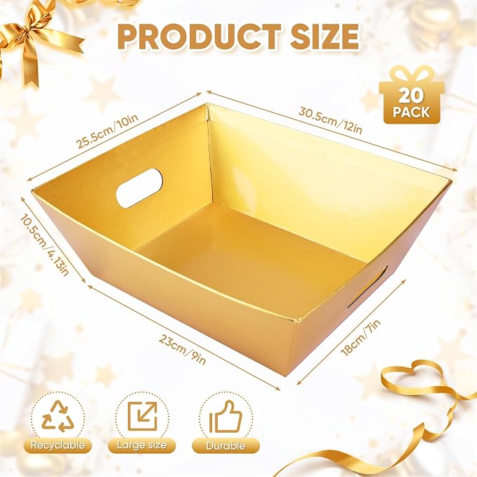 20PACK Gold Baskets for Gifts Empty, 12x10x4” Thick Cardboard Gift Basket Kit with 20 Bows & 20 Bags - Kraft Empty Gift Baskets for Christmas, Weddings, Birthdays, Bulk Gifting