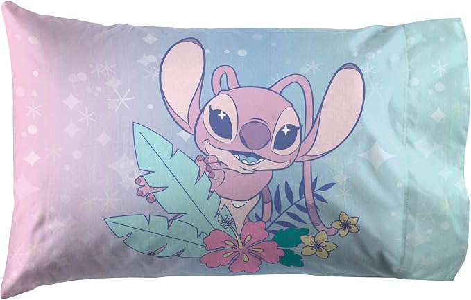 Jay Franco Disney Lilo & Stitch Full Size Sheet Set - 4 Piece Kids Bedding | Super Soft Brushed Microfiber, Deep Pocket, Machine Washable, White Angel Floral Design (Officially Licensed)