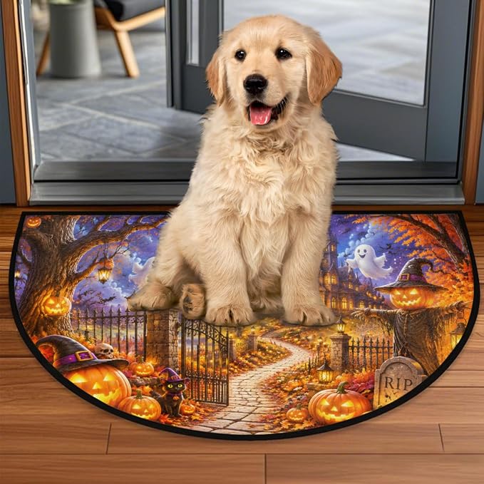 Halloween Half Round Door Mat Welcome Entrance Mat Bath Bathroom Rug B1 | Halloween Ghosts Welcome Entrance Mat Anti-Slip Half Moon Bath Mat Semi Circle Rug Indoor Outdoor Kitchen Rug