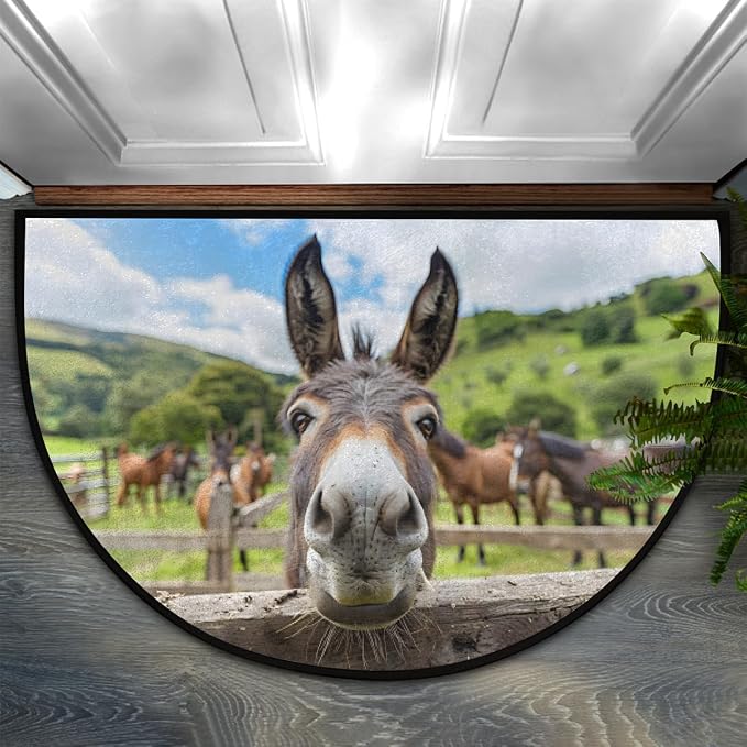 Animal Donkey Half Round Rug Half Moon Door Mat Half Circle Rugs | Farm Art Washable Non-Slip Semi Circle Rug Welcome Half Round Door Mat Indoor Entrance Kitchen Home Bedroom Living Room Decor