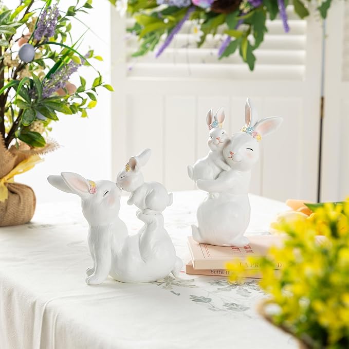 Glitzhome Easter Decorations Bunny Figurine, Set of 2 Resin Mother and Baby Rabbit Tabletop Centerpiece for Spring Home Indoor & Outdoor Decor