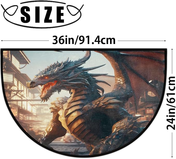 Dragon Half Round Doormat Non-Slip Semi Circle Rug Half Moon Mat | Retro Rustic Animal Washable Soft Absorbent Indoor Outdoor Entrance Kitchen Bathroom Sink Patio Welcome Fireplace Floor Rug