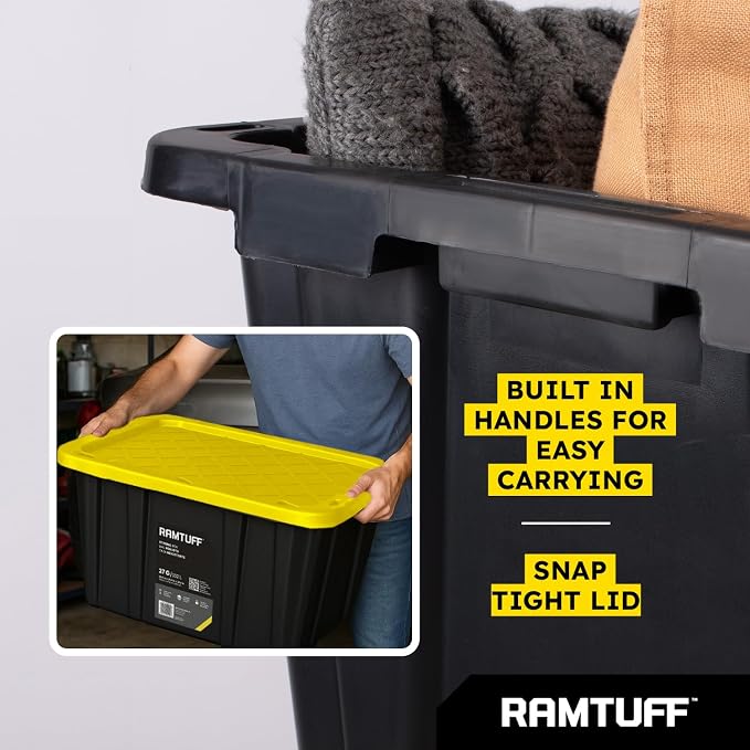 Ramtuff STRONG BOX Black & Yellow, 27-Gallon Heavy Duty Tough Storage Container & Snap-Tight Lid, (15.2" x 19.6" x 28.5" Weather-Resistant Design Stackable Organization Tote (2 Pack)