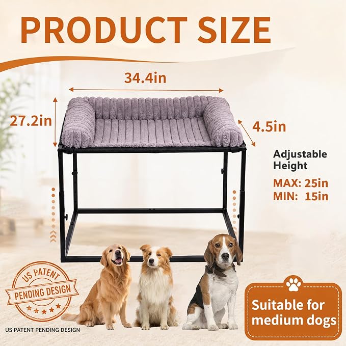 Adjustable Bedside Dog Bed for Large Dogs, Elevated Co-Sleeper Dog Bed with Reinforced Metal Frame, Thick Supportive Cushion Mattress & Washable Cover, Dog Bedside Sleeper for Dogs & Cats