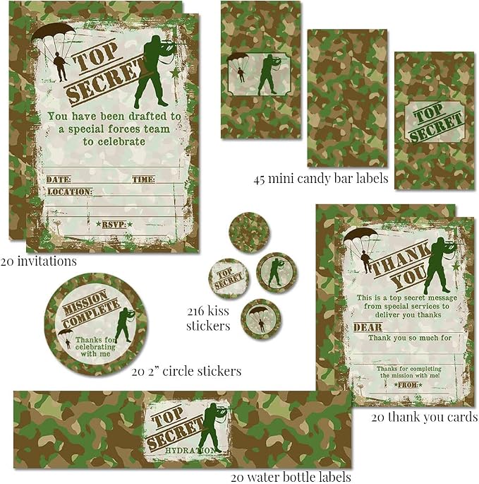 Amanda Creation Top Secret Camouflage Army Soldier Birthday Party Bundle Includes 20 Invitations & Thank You Cards & Envelopes + 2 Sizes of Stickers, & Water Bottle Labels!