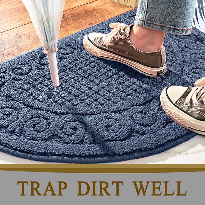 Half Circle Door Mat Indoor 18"X30",Half Round Non Slip Machine Washable Entryway Porch Rug for Front/Back Outdoor, Absorbent Low Profile Inside Entrance Floor Mat for Muddy Wet Shoes and Paws-Navy…