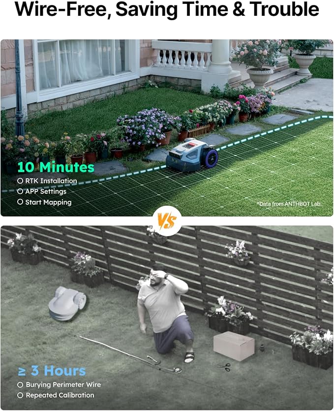 ANTHBOT M5 Robot Lawn Mower with Garage,RTK+NRTK Navigation Perimeter Wire Free 1/8 Acre, Vision Obstacle Avoidance Robotic Lawnmower with Automatic Mapping Zone Division, 45% Slope, App Control