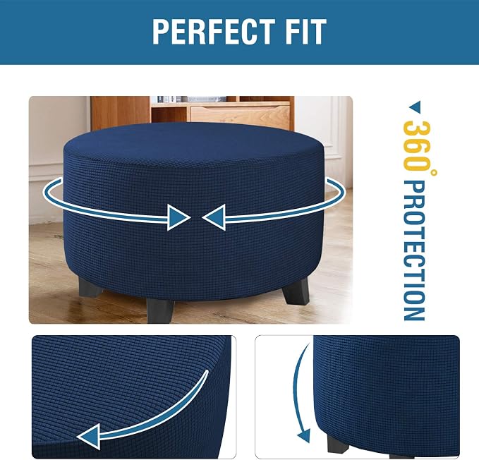 H.VERSAILTEX Ottoman Cover Stretch Ottoman Slipcover Round Ottoman Storage Cover Folding Stool Covers Furniture Protector Cover for Footrest Ottoman Fit Dia 20" - 23", Navy