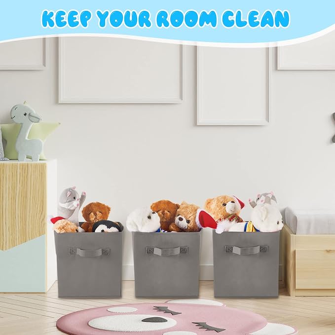Yinder 12 Pcs Cube Storage Bin Grey 10.5''x10.5''x11'' Storage Bins for Playroom Decor Colorful Bins for Kids Foldable Baskets for Nursery Organizer Boxes Fabric Boxes