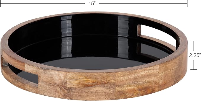Kate and Laurel Ehrens Modern Wooden Tray, 15 inch Diameter, Natural and Black, Round Accent Tray for Farmhouse Decor