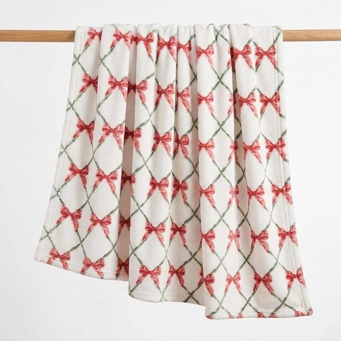 Martha Stewart - Blanket, Incredibly Soft Throw Blanket for Couch or Bed, Printed Plush & Oversized Bedding (Emmas Bow White, 60" x 70")