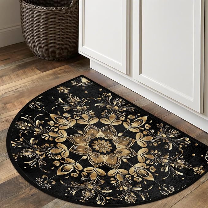 Black Gold Half Round Doormat Semi Circle Rug Half Moon Rug Entryway Mat | Flower Boho Washable Non Slip Outdoor Floor Rug Kitchen Mat for Indoor Outdoor Bathroom Fireplace Bath Decor