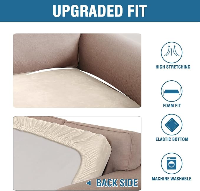 H.VERSAILTEX Velvet Stretch Individual Couch Cushion Cover Plush Slipcover for Loveseat Sofa Furniture Protector Seat Cover (1 Piece Loveseat Cushion Cover, Ivory)