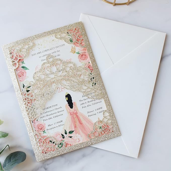 Hosmsua 50PCS Personalized Champagne Glitter Quinceanera Invitations Kit 5.1x7.3 Inch Laser Cut Floral Crown Pocket Quinceanera Invitation Cards with Envelopes for Birthday Quince Invitation