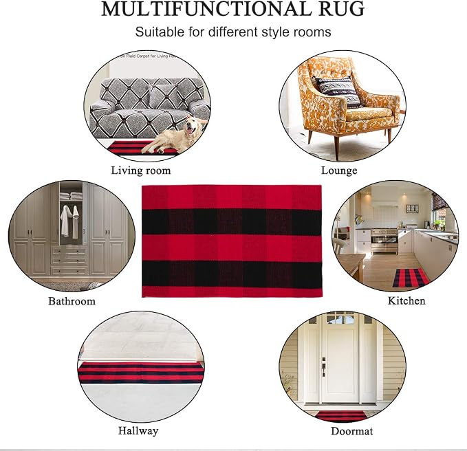 uxcell Buffalo Check Rug,Plaid Outdoor Rug,Layered Door Mat,Cotton Gingham Rugs,Floor Mat for Front Porch/Runner/Bedroom/Kitchen/Farmhouse 28"x18" Red & Black