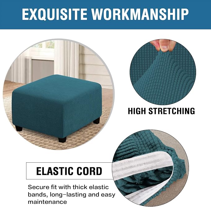 H.VERSAILTEX Square Ottoman Covers Ottoman Slipcovers Folding Storage Stool Furniture Protector Form Fit with Elastic Bottom, Stretch High Spandex Small Checks Jacquard Fabric(Large,Deep Teal)