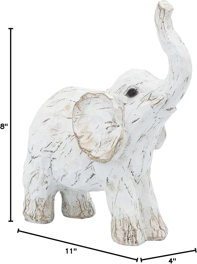Sagebrook Home Resin Elephant Figurine - Handcrafted Polyresin Home Decor Statue - Rustic Casual Style for Living Room, Bedroom, Office - Elegant Accent Sculpture - 11" White