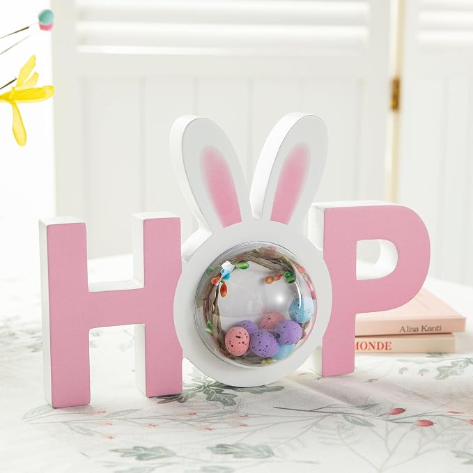 Glitzhome Wooden Easter Bunny Tabletop Sign Easter Hop Table Decor for Spring Easter Party Supplies Props