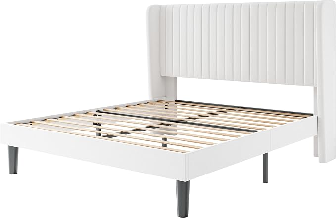 SHA CERLIN Queen Size Velvet Bed Frame, Tufted Wingback Headboard, White | 47'' Modern Vertical Channel Headboard, Upholstered Platform Bed, Wood Slats, No Box Spring Needed, Easy Assembly, Noise Free