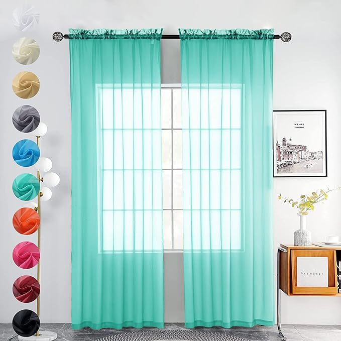 youleyar Solid Sheer Rod Pocket Curtain Voile Draperies 2 Panels White Beige Black Grey Coffee 52 Inch Width 84 Inch Long 1 Pair for Kitchen Bedroom Children Living Room Yard (Turquoise,52Wｘ84L)