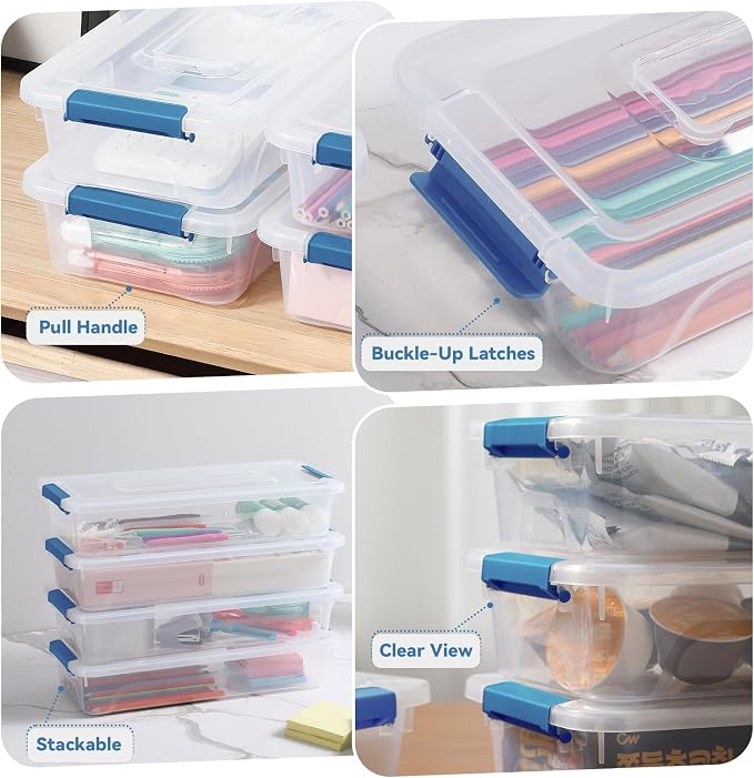 novelinks 4 Quart Clear Plastic Storage Containers with Lids (8 Pack) | Storage Bins with Lids, Stackable Small Clear Bins, Craft Storage Box, Paper Storage, Under Bed Storage Bins, Pencil Box