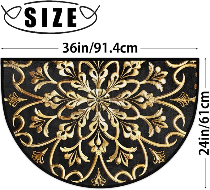 Golden Mandala Half Round Door Mat Semi Moon Rug Fireplace Carpet Area Rugs | Mandala Ethnic Non Slip Absorbent Half Circle Mat Carpet for Indoor Outdoor Patio Kitchen Bathroom Entryway Home Decor