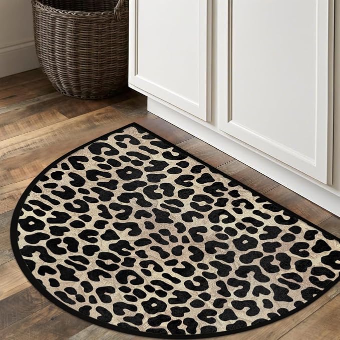 Leopard Print Cheetah Brown Half Round Door Mat Non-Slip Semi Circle Rug Washable Half Moon Floor Rug Absorbent Bathroom Area Rugs for Outdoor Indoor Fireplace Mat Entryway Kitchen Decor Rugs