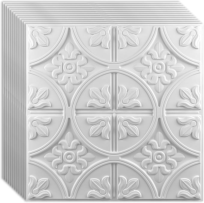 Art3d Drop Ceiling Tiles 24x24in. (12-Pack, 48 Sq.ft), Wainscoting Panels Glue Up 2ft x 2ft, White | PVC, Water Resistant, Shatterproof, Fade-Resistant, Compatible with Grid System, Versatile for Living Room, Bedroom & Office
