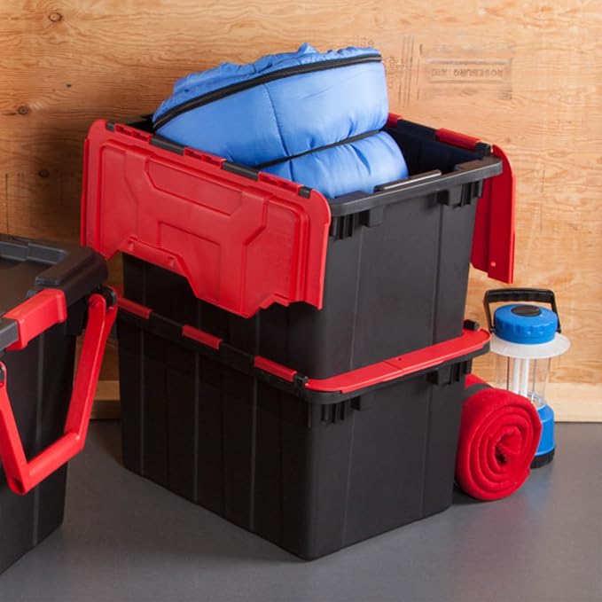 Sterilite 12 Gal Hinged Lid Industrial Tote, Stackable Storage Bin with Hinge Lid, Plastic Container to Organize Basement, Black with Red Lid, 6-Pack | Heavy-Duty and Stackable Utility Box Containers for Home, Office, and Basement Organization, Black/Red