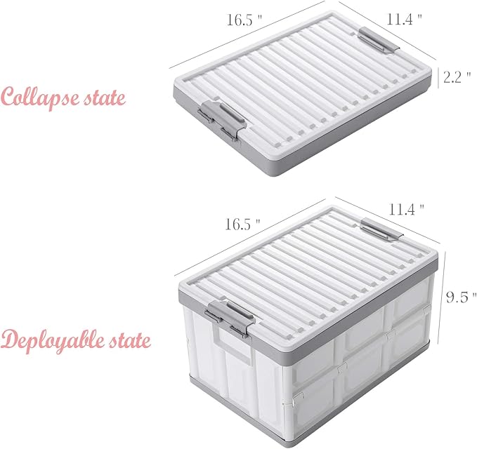 Collapsible Storage Bins with Lids 30L, Folding Plastic Stackable Utility Crates 2-Pack, Durable Containers for Home & Garage Organization - Oyster White