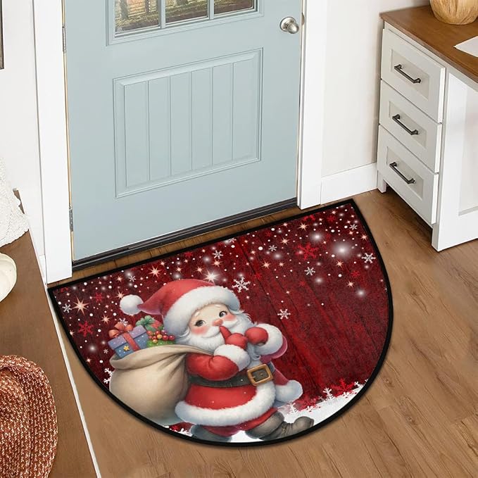 Santa Claus Half Round Door Mat Semi Moon Rug Fireplace Carpet Area Rugs | Christmas Santa Claus Non Slip Absorbent Half Circle Mat Carpet for Indoor Outdoor Patio Kitchen Bathroom Entryway Home Decor